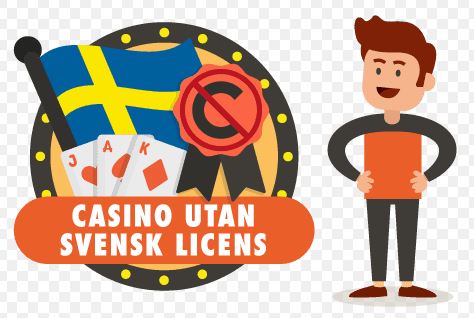 Texten "Casino utan svensk licens" framför en kortlek och en svensk flagga samt brevid en figur.